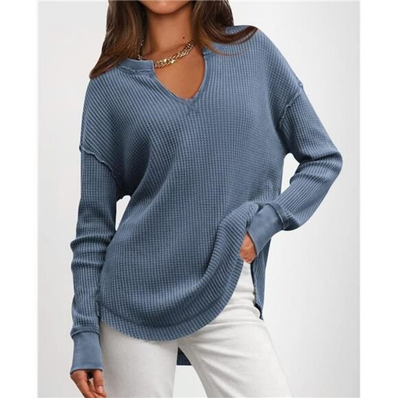 PRETTYGARDEN Waffle Knit V Neck Long Sleeve Tunic Top Oversized Split Hem - Picture 5 of 7